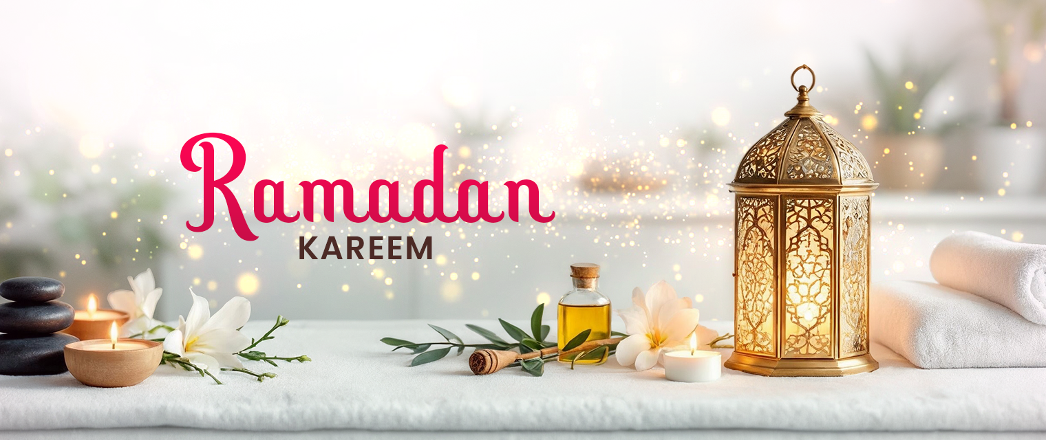 Ramadan Kareem spa banner in Ajman with candles, lantern, and wellness massage ambiance