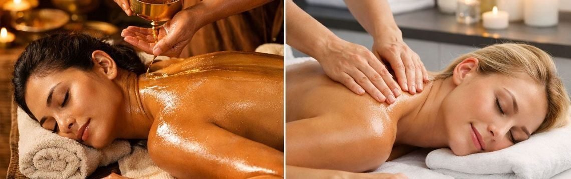 Abhyanga massage with warm herbal oil compared to Swedish massage techniques in a luxury spa environment
